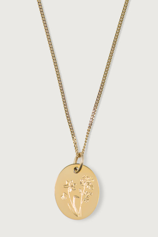 FLORISH I KETTE 8K GOLD MIT GEBURTSBLUMENSTRAUß Mittellang, filigran mit ovalem Anhänger