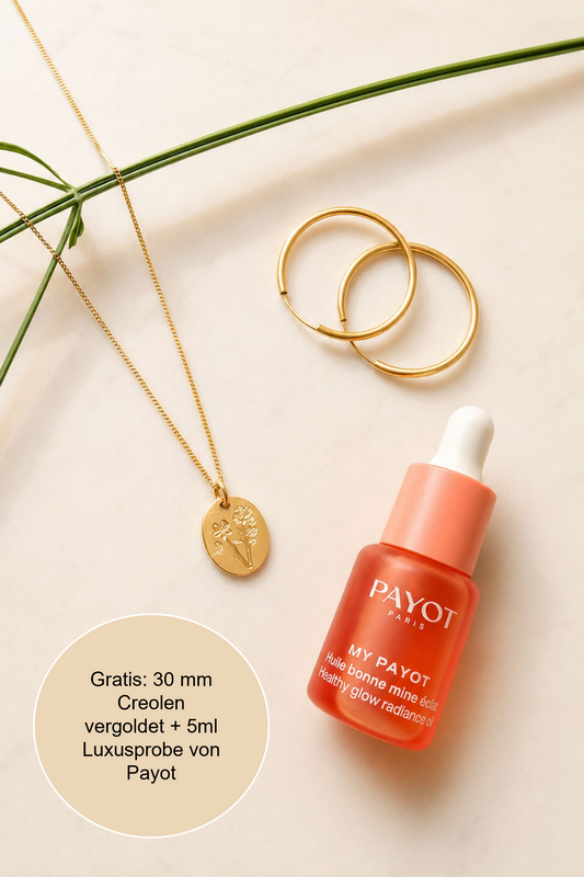 Gold Layering Set Echtgold – Creolen & Geburtsblumenkette × Payot Glow Oil