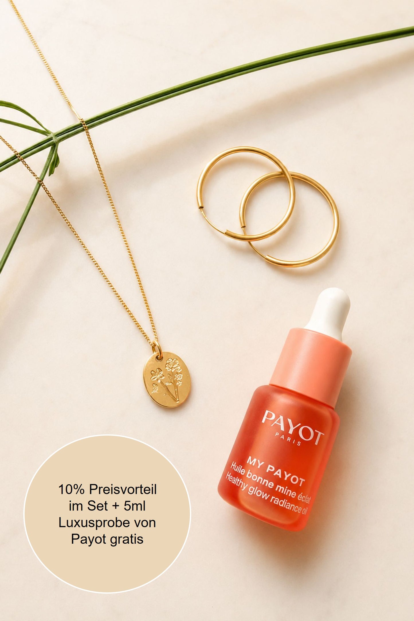 Gold Layering Set Vergoldet – Creolen & Geburtsblumenkette × Payot Glow Oil