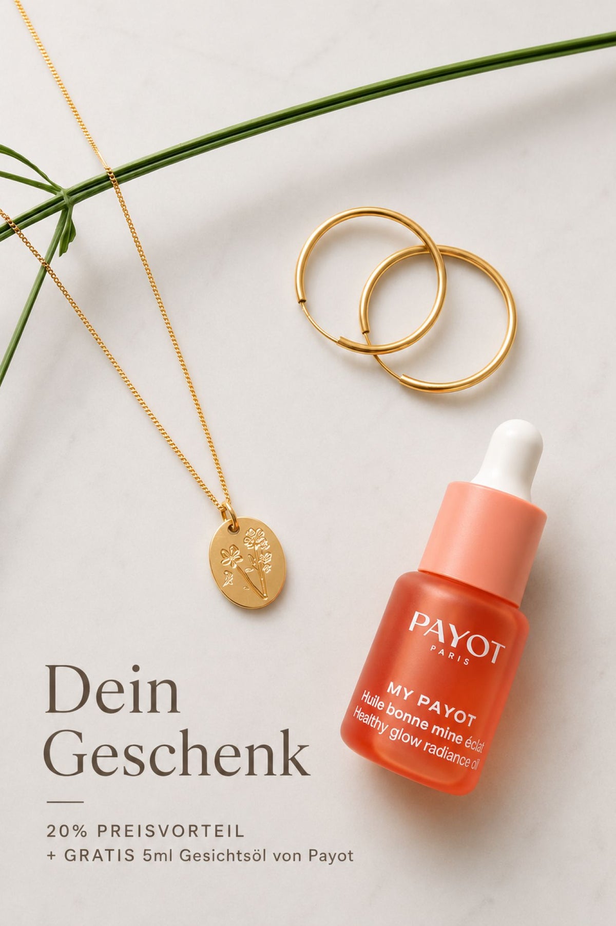 Gold Layering Set Vergoldet – Creolen & Geburtsblumenkette × Payot Glow Oil