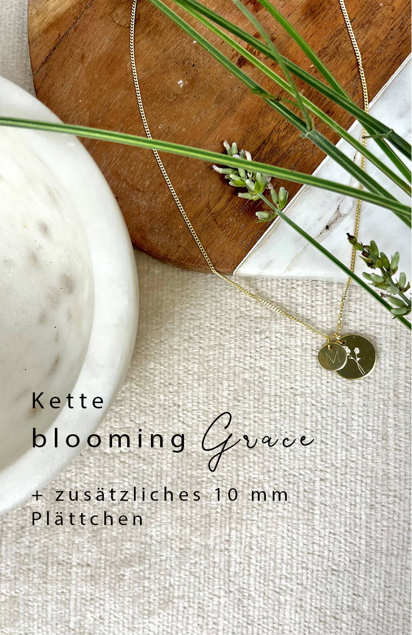 blooming GRACE I KETTE 8K GOLD MIT GEBURTSBLUME Lang, filigran mit großem Plättchen in 16 mm