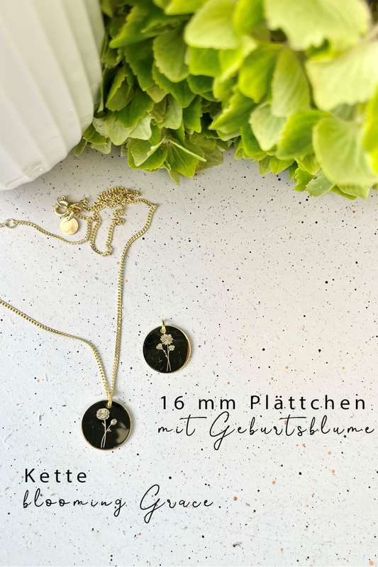 blooming GRACE I KETTE 8K GOLD MIT GEBURTSBLUME Lang, filigran mit großem Plättchen in 16 mm